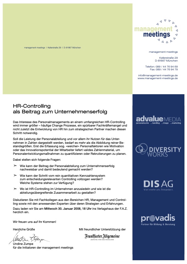 HR Controlling als Beitrag zum Unternehmenserfolg, management meetings in Frankfurt, F.A.Z., am 30. Januar 2008 