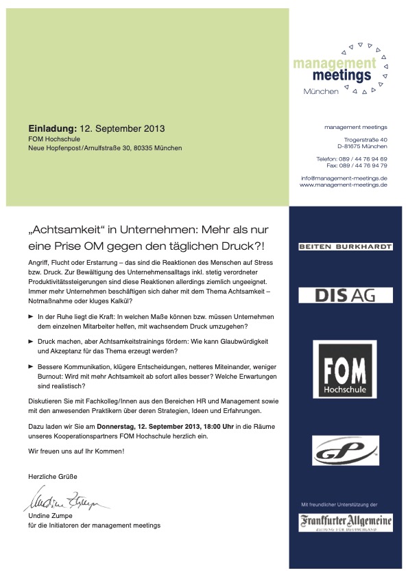 management meetings Achtsamkeit Netzwerkveranstaltung Personalmanagement 2013 FOM München